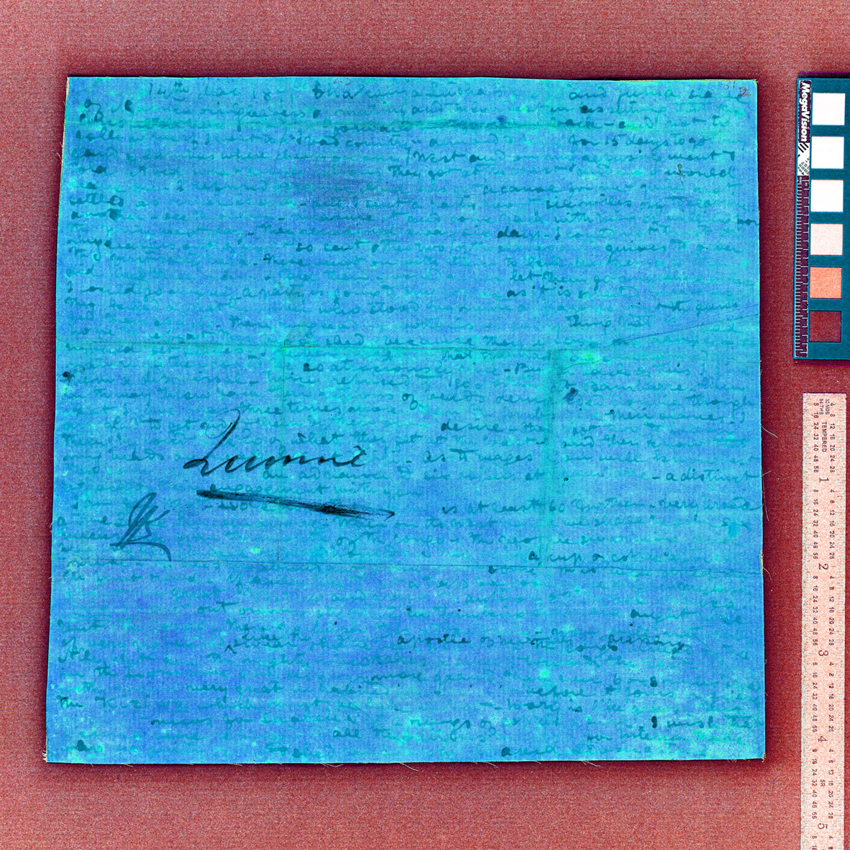 A custom processed spectral image of a page from Livingstone's letter to John Kirk 2, 14 May 1871  (Livingstone 1871i:[1] spectral_ratio, with hue rotated to -46). Copyright National Library of Scotland and, as relevant, Neil Imray Livingstone Wilson. Creative Commons Attribution-NonCommercial 3.0 Unported (https://creativecommons.org/licenses/by-nc/3.0/).