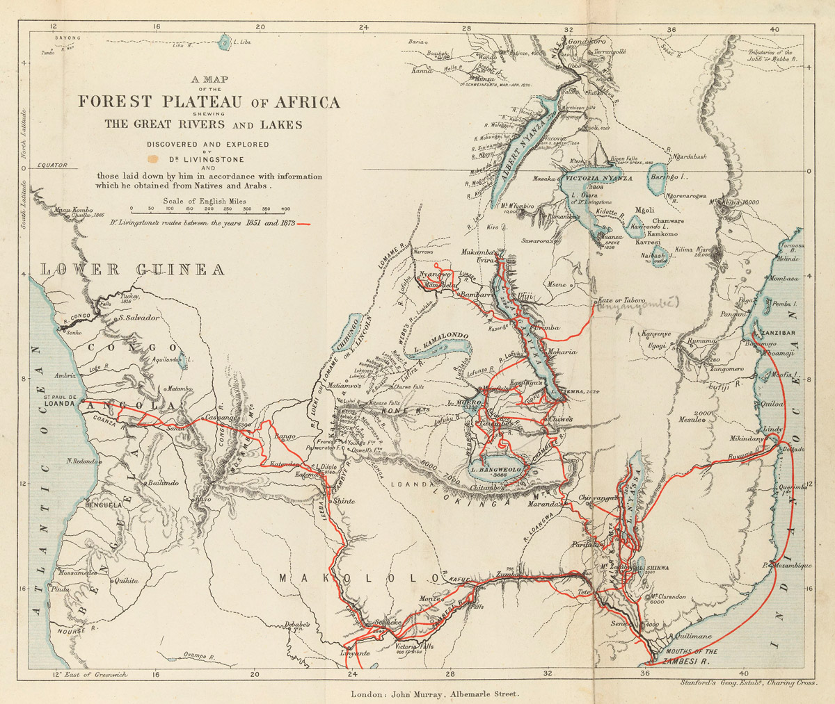 The small foldout map of Central Africa included with the published edition of Livingstone's Last Journals (1874). Copyright National Library of Scotland. Creative Commons Share-alike 2.5 UK: Scotland (https://creativecommons.org/licenses/by-nc-sa/2.5/scotland/).