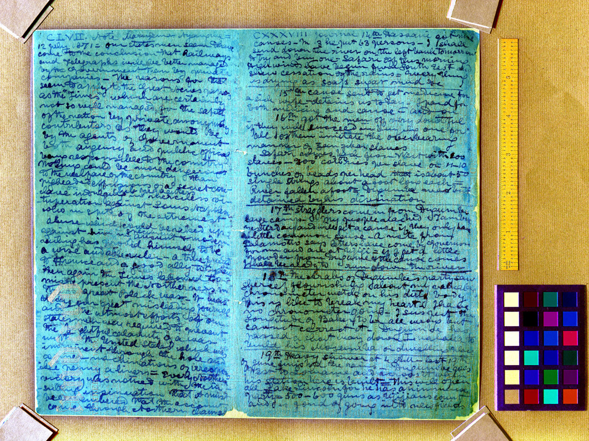 A processed spectral image of two pages of the 1871 Field Diary (Livingstone 1871f:CLVII-CXXXVIII spectral_ratio). Copyright David Livingstone Centre, Blantyre. As relevant, copyright Dr. Neil Imray Livingstone Wilson. Creative Commons Attribution-NonCommercial 3.0 Unported (https://creativecommons.org/licenses/by-nc/3.0/).