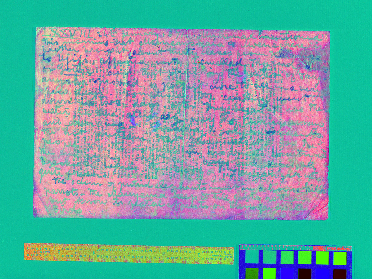 A spectral image of David Livingstone's 1870 Field Diary, second gathering (Livingstone 1871b:LXXVIII). Processed to highlight staining while also showing the relationship of text to underlying page topography. Copyright National Library of Scotland. Creative Commons Attribution-NonCommercial 3.0 Unported (https://creativecommons.org/licenses/by-nc/3.0/).