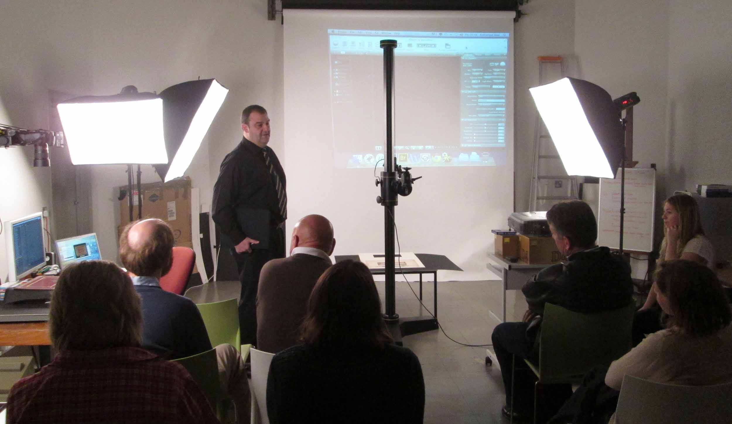 Stephen McCann presents to the LEAP team on the capabilities of the University of Glasgow Photographic Unit, 2013. Copyright Livingstone Online. Creative Commons Attribution-NonCommercial 3.0 Unported (https://creativecommons.org/licenses/by-nc/3.0/).