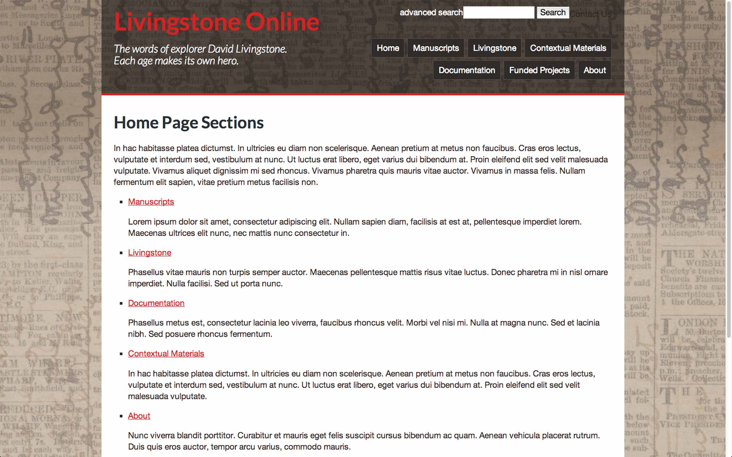 An early design mockup for the new Livingstone Online, 2013. Copyright Karin Dalziel. Creative Commons Attribution-NonCommercial 3.0 Unported (https://creativecommons.org/licenses/by-nc/3.0/).
