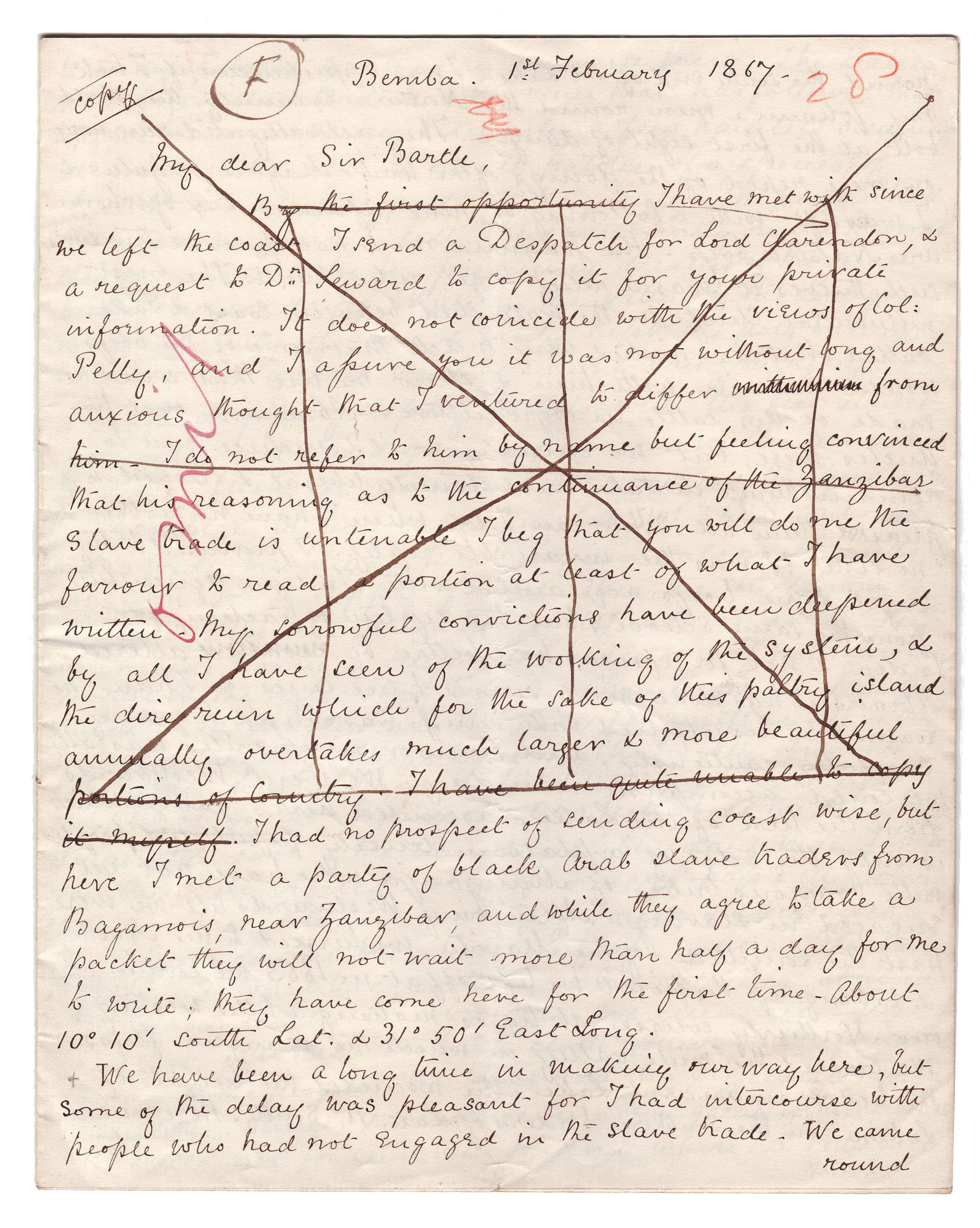 Page of David Livingstone, Letter to H. Bartle E. Frere, 1 February 1867. Image © Royal Geographical Society (with IBG). Used by permission for academic purposes only. For non-academic use permission, please contact the Picture Library.