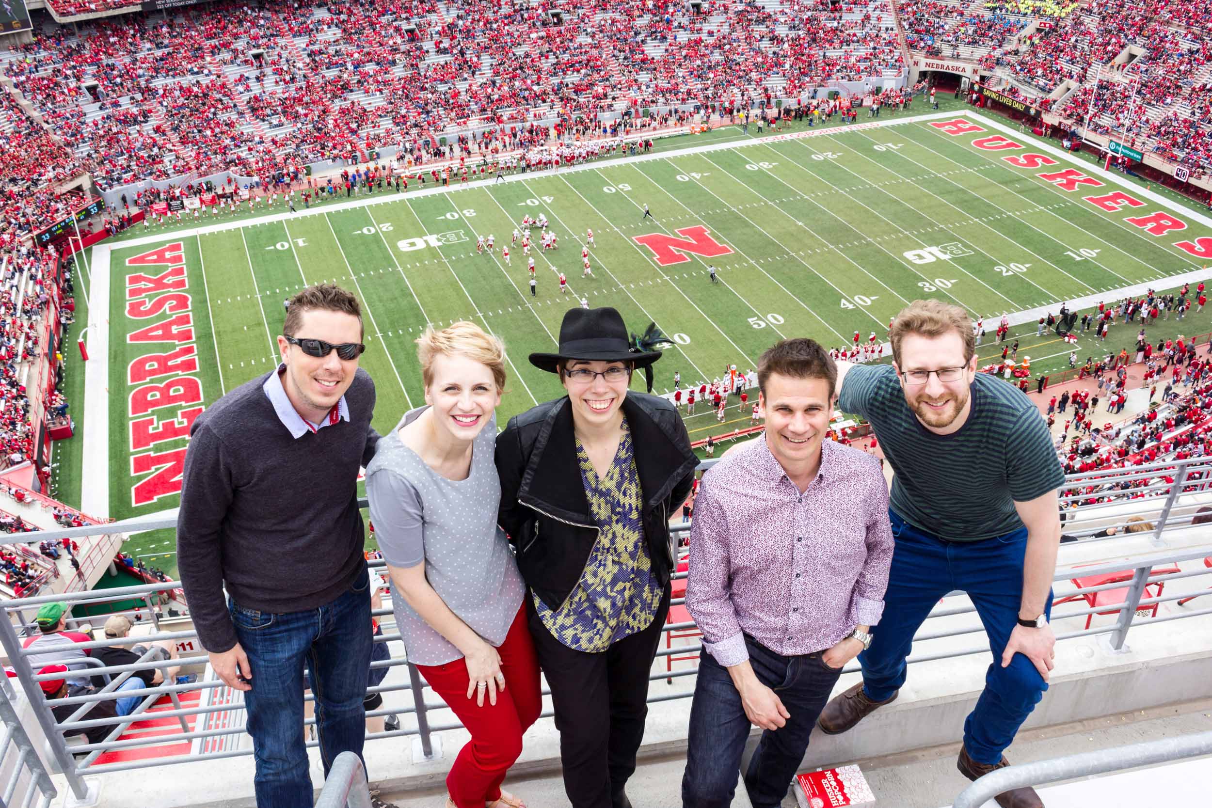 (From left) Livingstone Online team members Jared McDonald, Angela Aliff, Mary Borgo, and Justin Livingstone with friend of the project Jim Mussell (University of Leeds; foreground in purple shirt) at a Nebraska Huskers Red-White Spring Game, 2016. Copyright Angela Aliff. Creative Commons Attribution-NonCommercial 3.0 Unported (https://creativecommons.org/licenses/by-nc/3.0/).