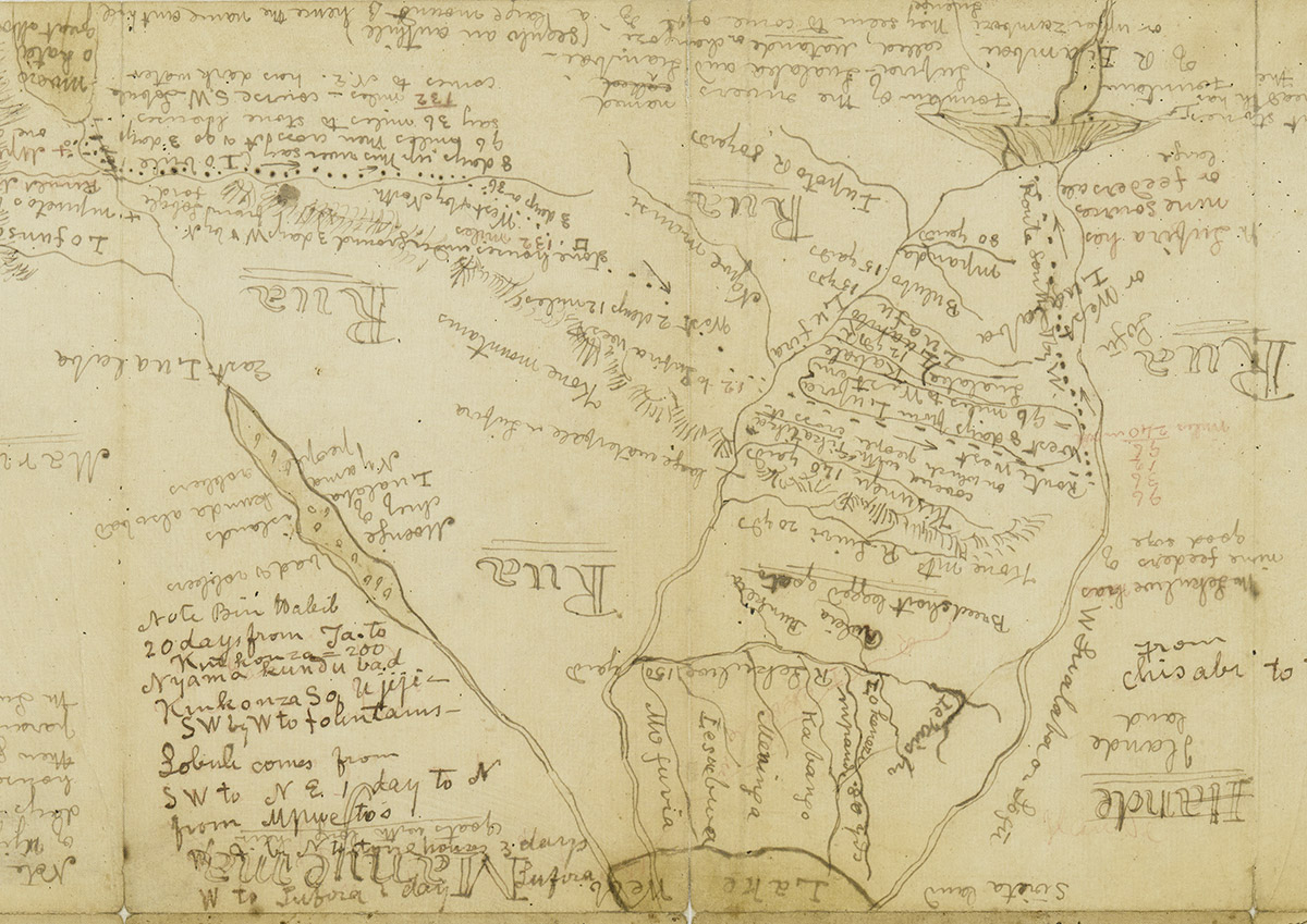 Detail from David Livingstone et al., “Annotations on Map from John H. Speke, Journal of the Discovery of the Source of the Nile (1863)” ([1869-1873]). Copyright National Library of Scotland and Dr. Neil Imray Livingstone Wilson (as relevant). Creative Commons Share-alike 2.5 UK: Scotland (https://creativecommons.org/licenses/by-nc-sa/2.5/scotland/).