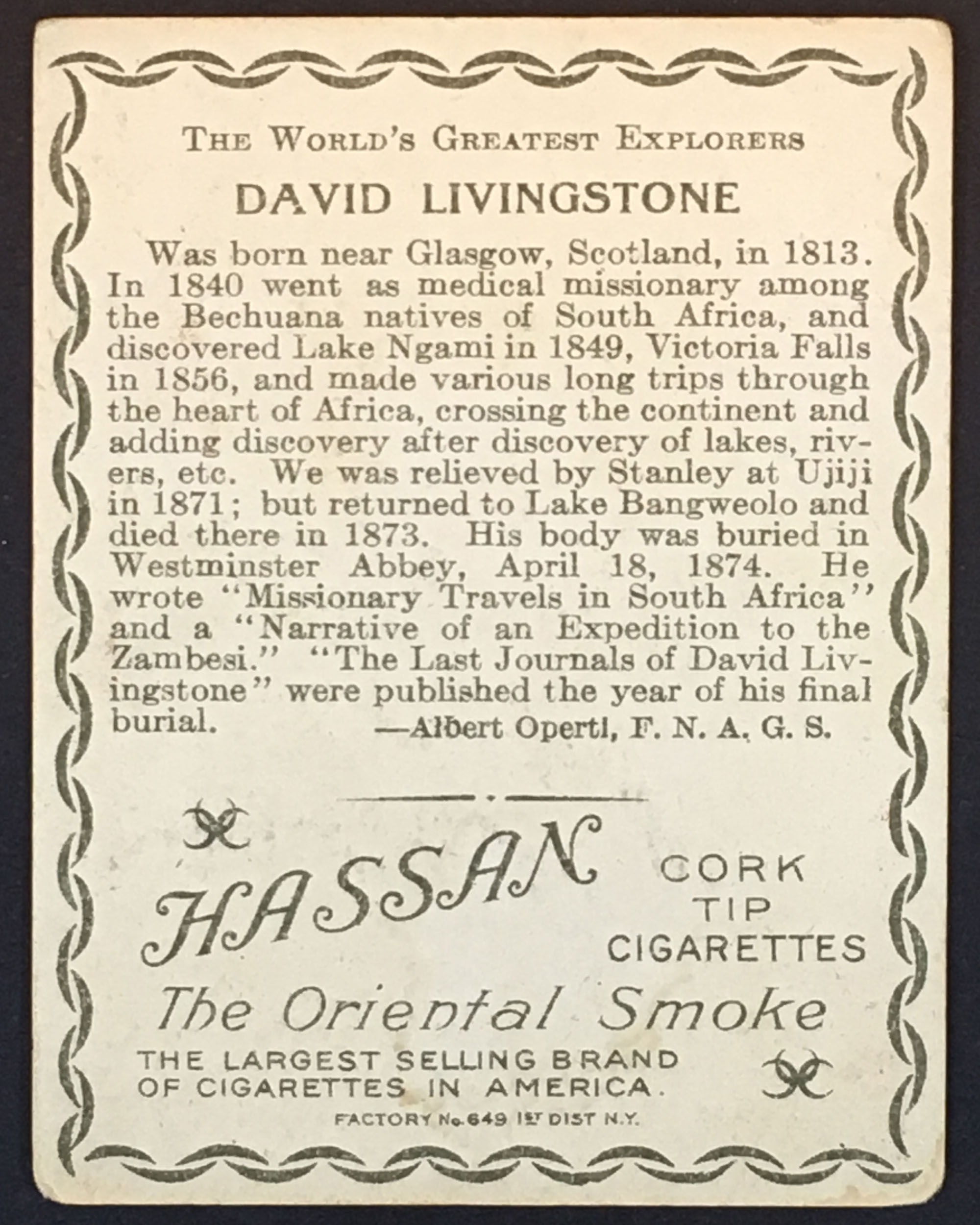 Greatest Explorers Tobacco Trading Card: David Livingstone, 1910, verso. Image copyright Adrian S. Wisnicki. Creative Commons Attribution-NonCommercial 3.0 Unported (https://creativecommons.org/licenses/by-nc/3.0/).