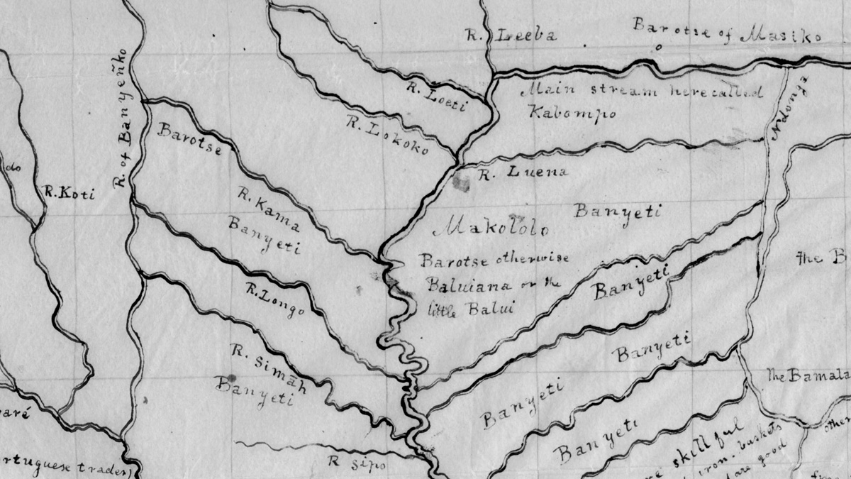 Image of David Livingstone, Map of Central Africa from Kuanabare River, Angola to Tete, Mosambique, [1855-1856?], detail: [1]. Copyright National Library of South Africa, Cape Town Campus. Used by permission