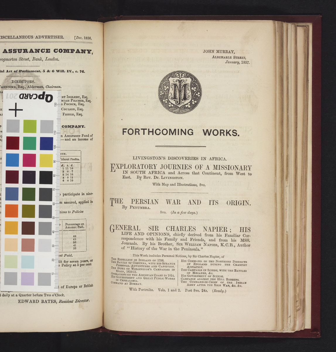 Trade advert for forthcoming works, including David Livingstone's 'Exploratory Journies of a Missionary,' Quarterly Review, 101 (Jan. 1857-Apr. 1857): Jan. 1857, 1. Copyright National Library of Scotland. Creative Commons Share-alike 2.5 UK: Scotland (https://creativecommons.org/licenses/by-nc-sa/2.5/scotland/).