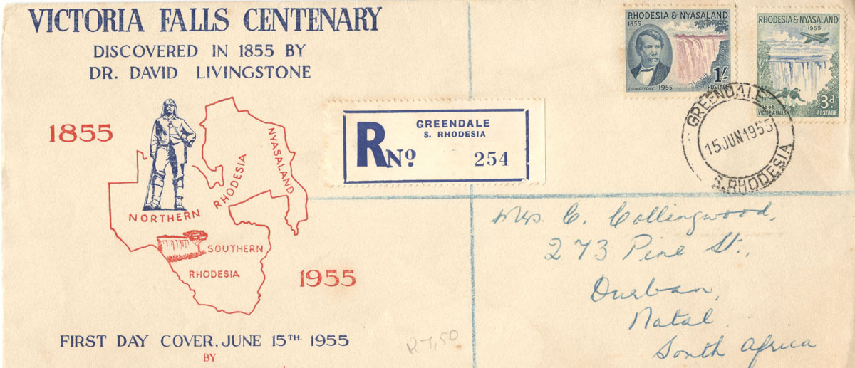Envelope with Rhodesia and Nyasaland stamps commemorating the centenary of David Livingstone’s sighting of Victoria Falls in 1855, 19 June 1955. Image copyright Christoffel Kok. Creative Commons Attribution-NonCommercial 3.0 Unported (https://creativecommons.org/licenses/by-nc/3.0/).