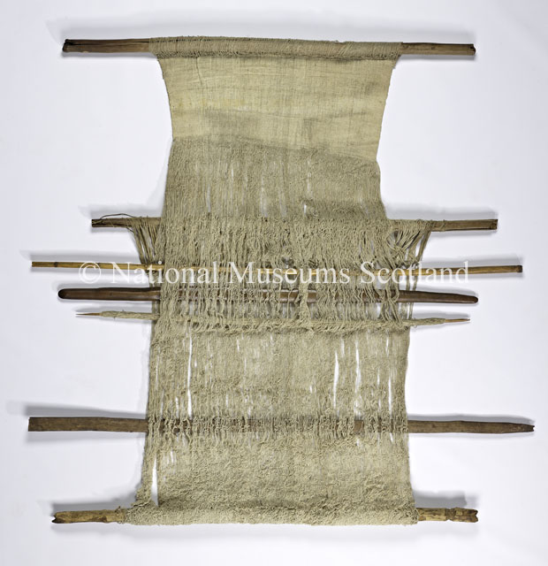 Hand weaving loom of wood and cane with weaving sample, Collected by David Livingstone, mid-nineteenth century. Image copyright National Museums Scotland. Used by permission. Any form of reproduction, transmission, performance, display, rental, lending, or storage in any retrieval system without the written consent of the copyright holders is prohibited. Downloading the images for use by third parties and end users is strictly prohibited, except for private study. Downloading of images for commercial purposes will be treated as a serious breach of copyright and strong legal action will be taken by National Museums Scotland.