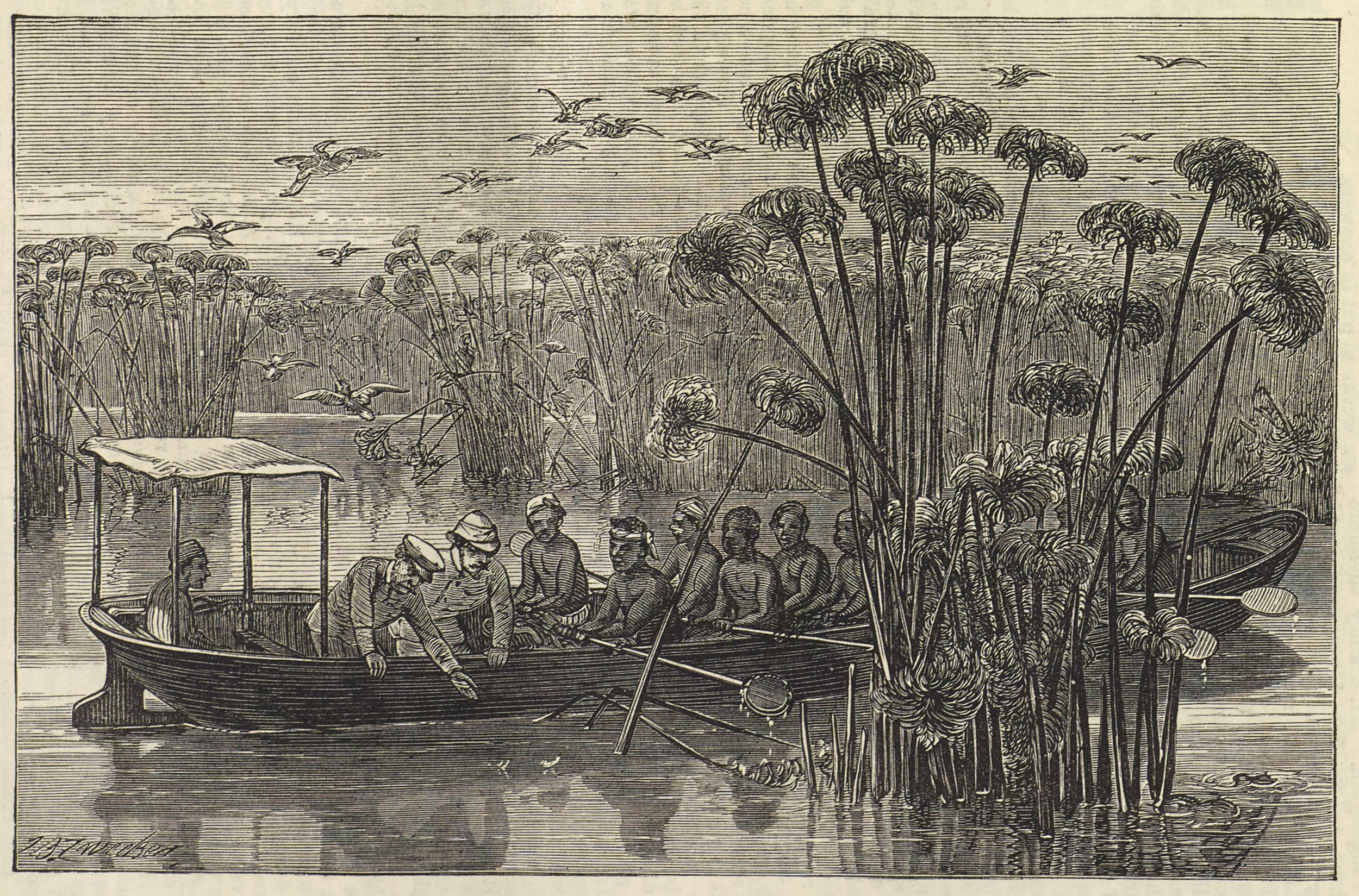 At the Mouth of the Rusizi, Lake Tanganyika. Illustration from Review of Henry M. Stanley's How I Found Livingstone (Anon. 1872:485), detail. Copyright National Library of Scotland. Creative Commons Share-alike 2.5 UK: Scotland (https://creativecommons.org/licenses/by-nc-sa/2.5/scotland/).