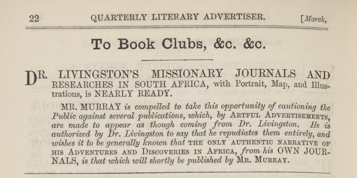 Trade Advert for Dr. Livingston's Missionary Journals and Researches in South Africa, Quarterly Review, 101 (January 1857-April 1857): March 1857, 22, detail. Copyright National Library of Scotland. Creative Commons Share-alike 2.5 UK: Scotland (https://creativecommons.org/licenses/by-nc-sa/2.5/scotland/).