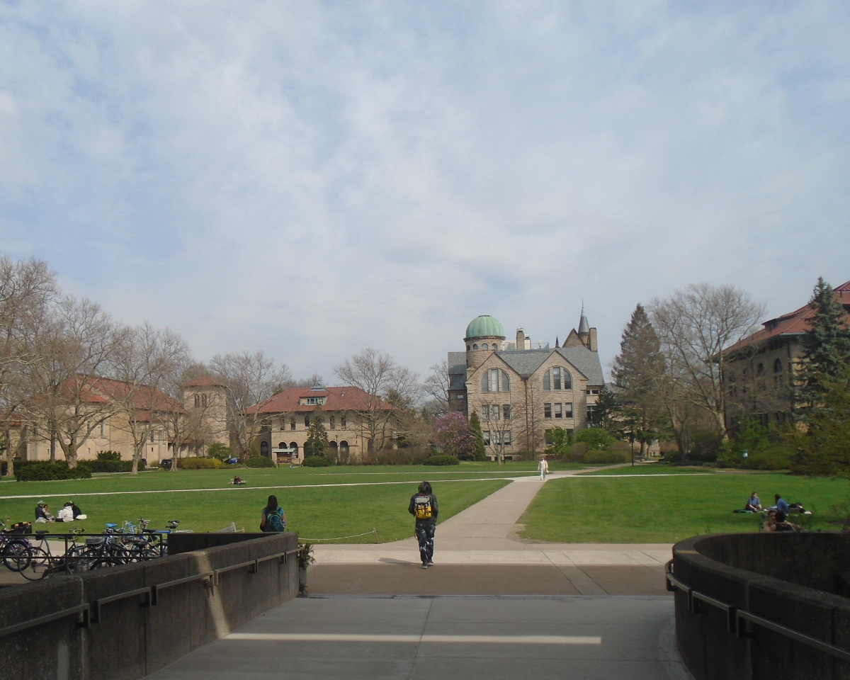 The view onto campus from the entryway of the Mudd Center, Oberlin College Library, Oberlin, OH, 2017. Copyright Kate Simpson. Creative Commons Attribution-NonCommercial 3.0 Unported (https://creativecommons.org/licenses/by-nc/3.0/).