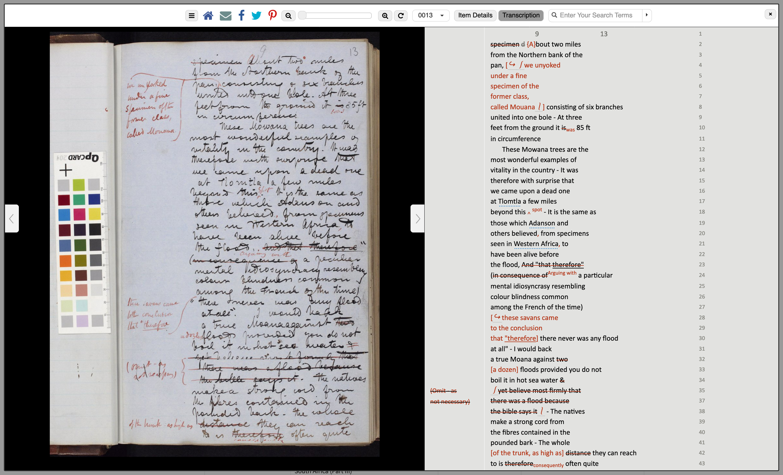 Image of a page from the Missionary Travels manuscript accompanied by transcription, as displayed in the Livingstone Online manuscript viewer (Livingstone 1857cc:[13]). Copyright National Library of Scotland and Dr. Neil Imray Livingstone Wilson (as relevant). Creative Commons Share-alike 2.5 UK: Scotland (https://creativecommons.org/licenses/by-nc-sa/2.5/scotland/).