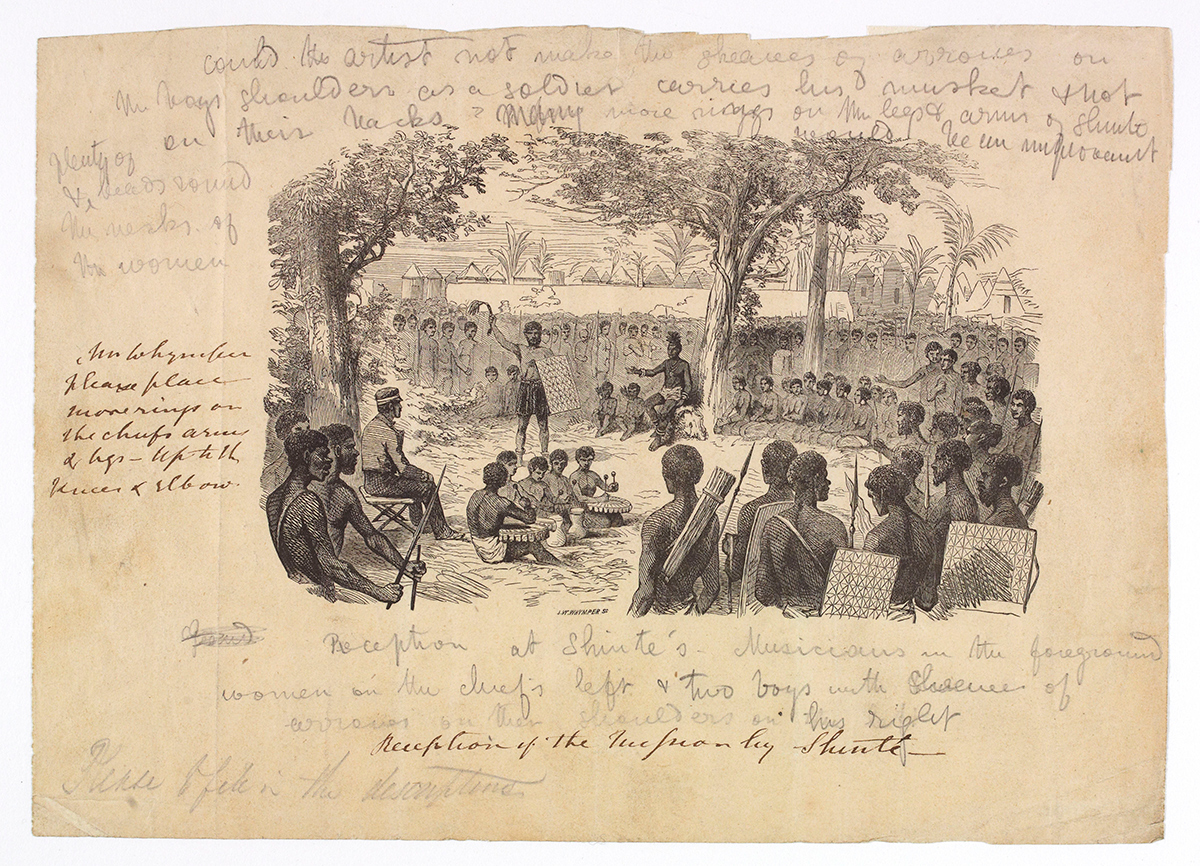 Marked proof engraving of Reception of the Mission by Shinte. Illustration for Missionary Travels (Livingstone 1857aa:opposite 291). Copyright National Library of Scotland and Dr. Neil Imray Livingstone Wilson (as relevant). Creative Commons Share-alike 2.5 UK: Scotland (https://creativecommons.org/licenses/by-nc-sa/2.5/scotland/).