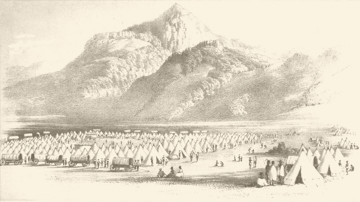 Camp Under the Amatolas. Illustration from W. R. King, Campaigning in Kaffirland or Scenes and Adventures in the Kaffir War of 1851-2, second edition (London: Saunders and Otley, 1855), frontispiece. Courtesy of the Hathi Trust (https://babel.hathitrust.org/cgi/pt?id=hvd.hxdudt).