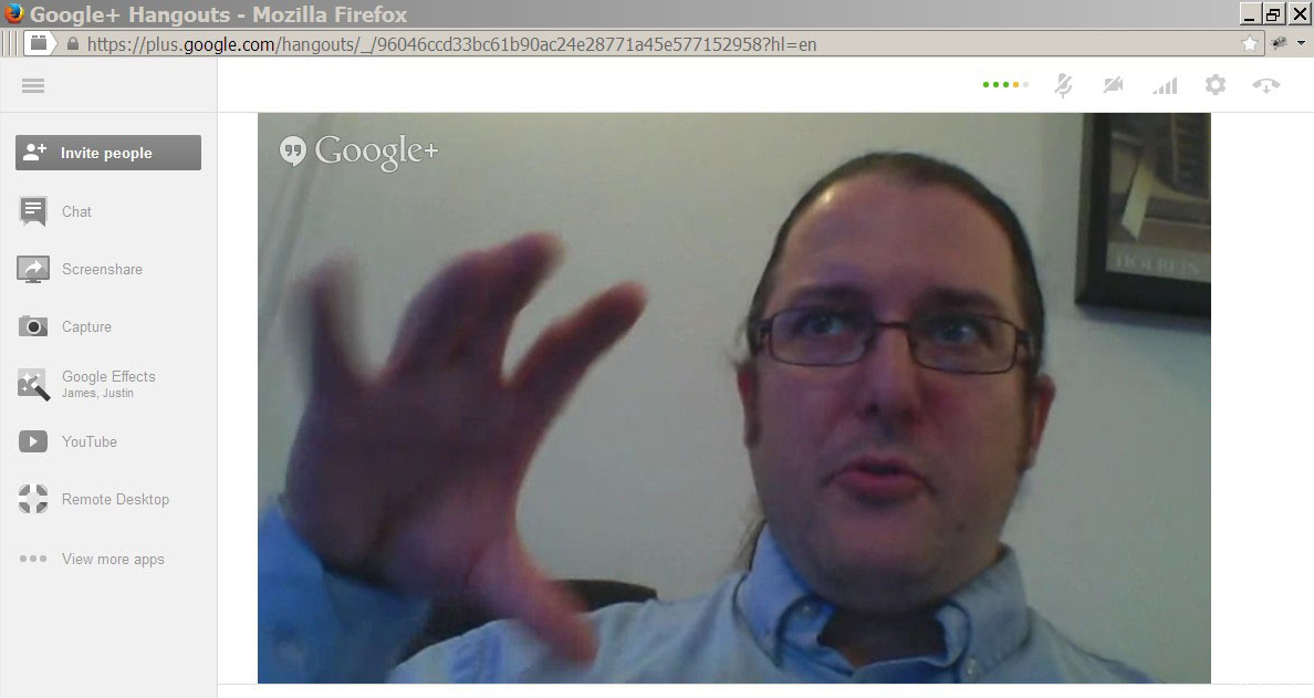James Cummings during a meeting on Google Hangouts with Adrian S. Wisnicki and Justin D. Livingstone, 2013. Copyright Livingstone Online. Creative Commons Attribution-NonCommercial 3.0 Unported (https://creativecommons.org/licenses/by-nc/3.0/).