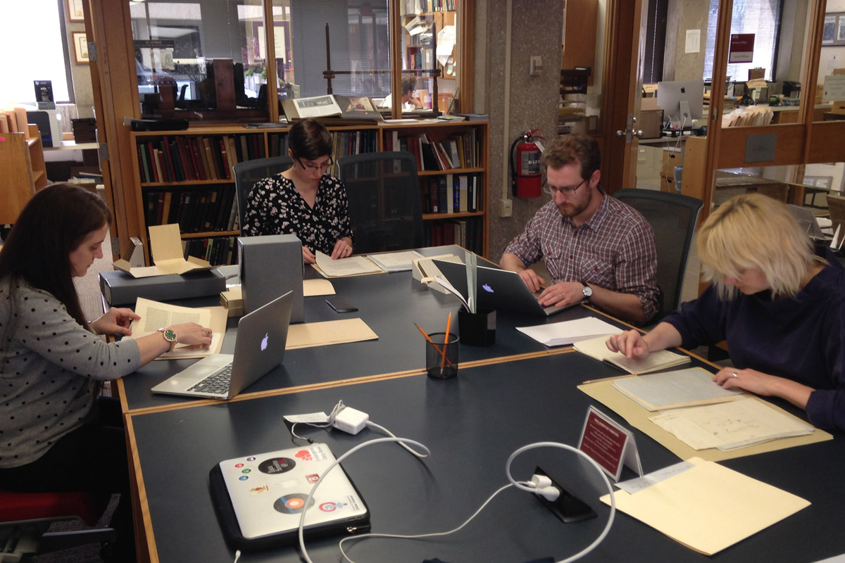 Heather F. Ball, Mary Borgo Ton, Justin D. Livingstone, and Kate Simpson at Oberlin College Archives, 2017. Copyright Adrian S. Wisnicki. Creative Commons Attribution-NonCommercial 3.0 Unported (https://creativecommons.org/licenses/by-nc/3.0/).