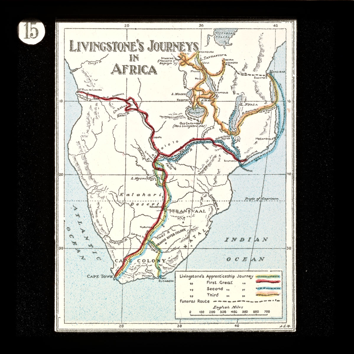 'Map Showing Travels.' Image from Lantern Slides of the Life, Adventures, and Work of David Livingstone, Date Unknown: [15]. Image courtesy of the Smithsonian Libraries, Washington, D.C.