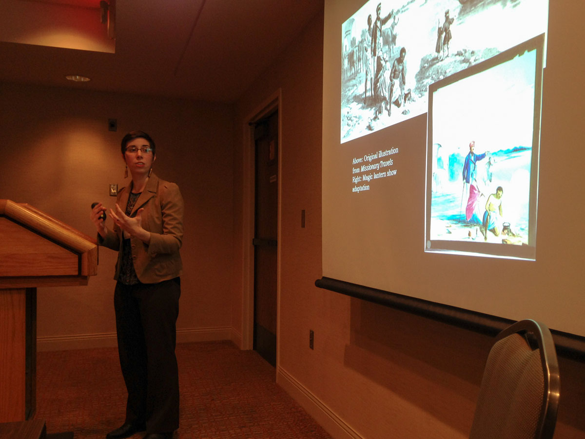 Project scholar Mary Borgo Ton presents at the Nineteenth Century Studies Association Conference at the University of Nebraska, 2016. Copyright Adrian S. Wisnicki. Creative Commons Attribution-NonCommercial 3.0 Unported (https://creativecommons.org/licenses/by-nc/3.0/).