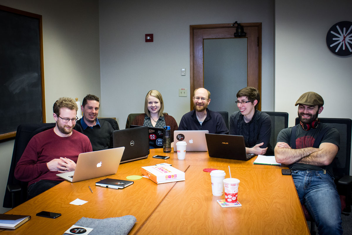 Justin Livingstone, Jared McDonald, Erin Cheatham, Adrian S. Wisnicki, Mary Borgo Ton, and Alex Munson at the University of Nebraska-Lincoln, 2016. Copyright Angela Aliff. Creative Commons Attribution-NonCommercial 3.0 Unported (https://creativecommons.org/licenses/by-nc/3.0/).