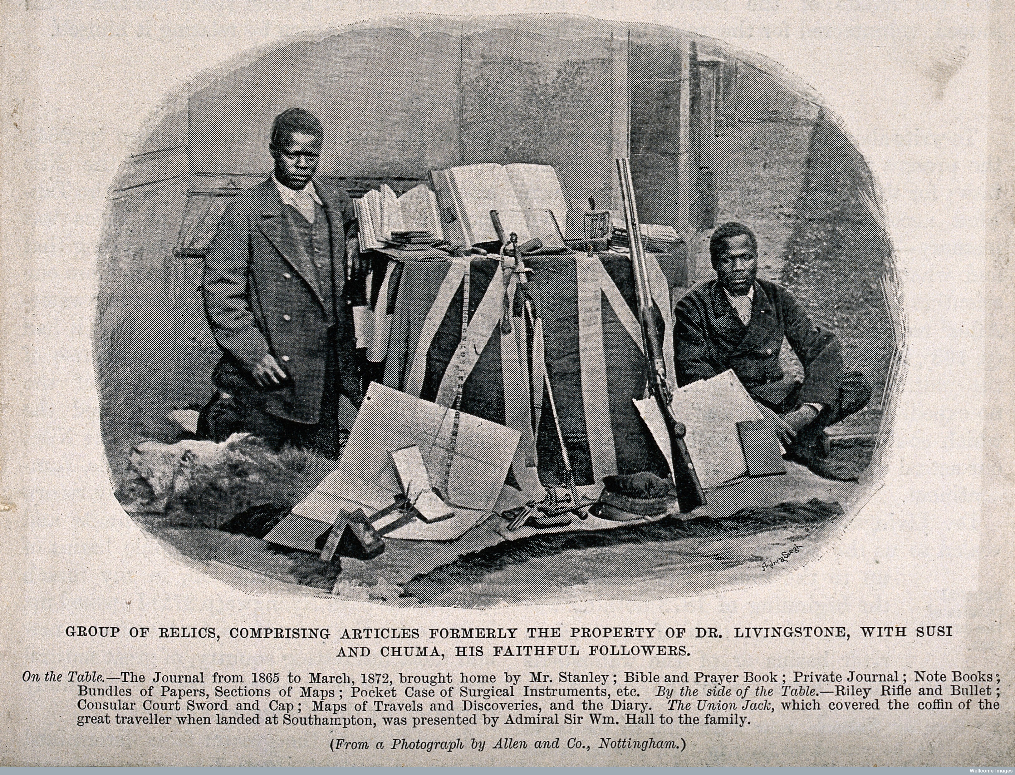 'Group of Relics, Comprising Articles Formerly the Property of Dr. Livingstone, with Susi and Chuma, His Faithful Followers.' Copyright Wellcome Library, London. Creative Commons Attribution 4.0 International (https://creativecommons.org/licenses/by/4.0/).