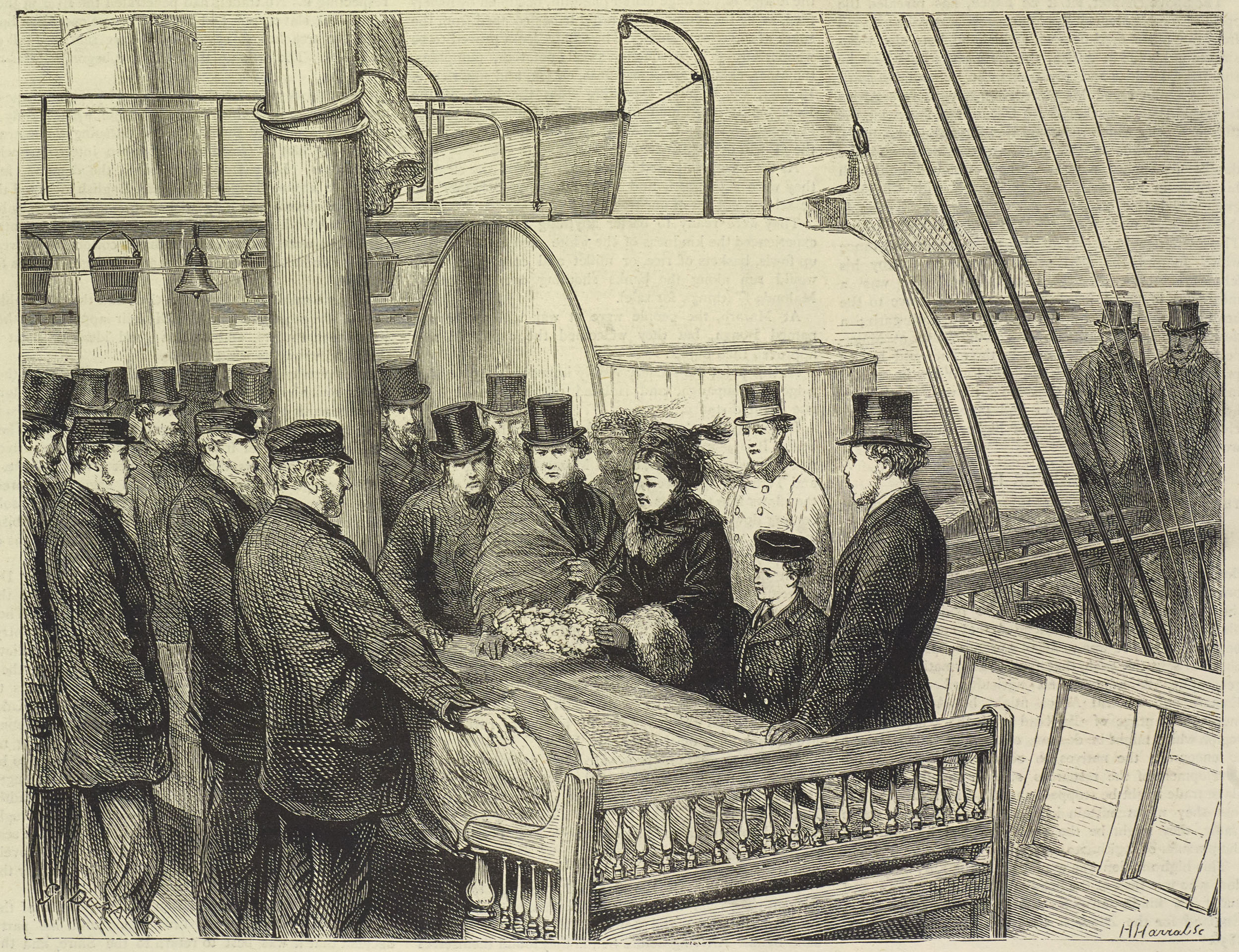 Depositing Wreaths on the Coffin on the Landing of the Body at Southampton. Illustration from 'The Life and Labours of David Livingstone' (Stanley 1874:401). Copyright National Library of Scotland. Creative Commons Share-alike 2.5 UK: Scotland (https://creativecommons.org/licenses/by-nc-sa/2.5/scotland/).