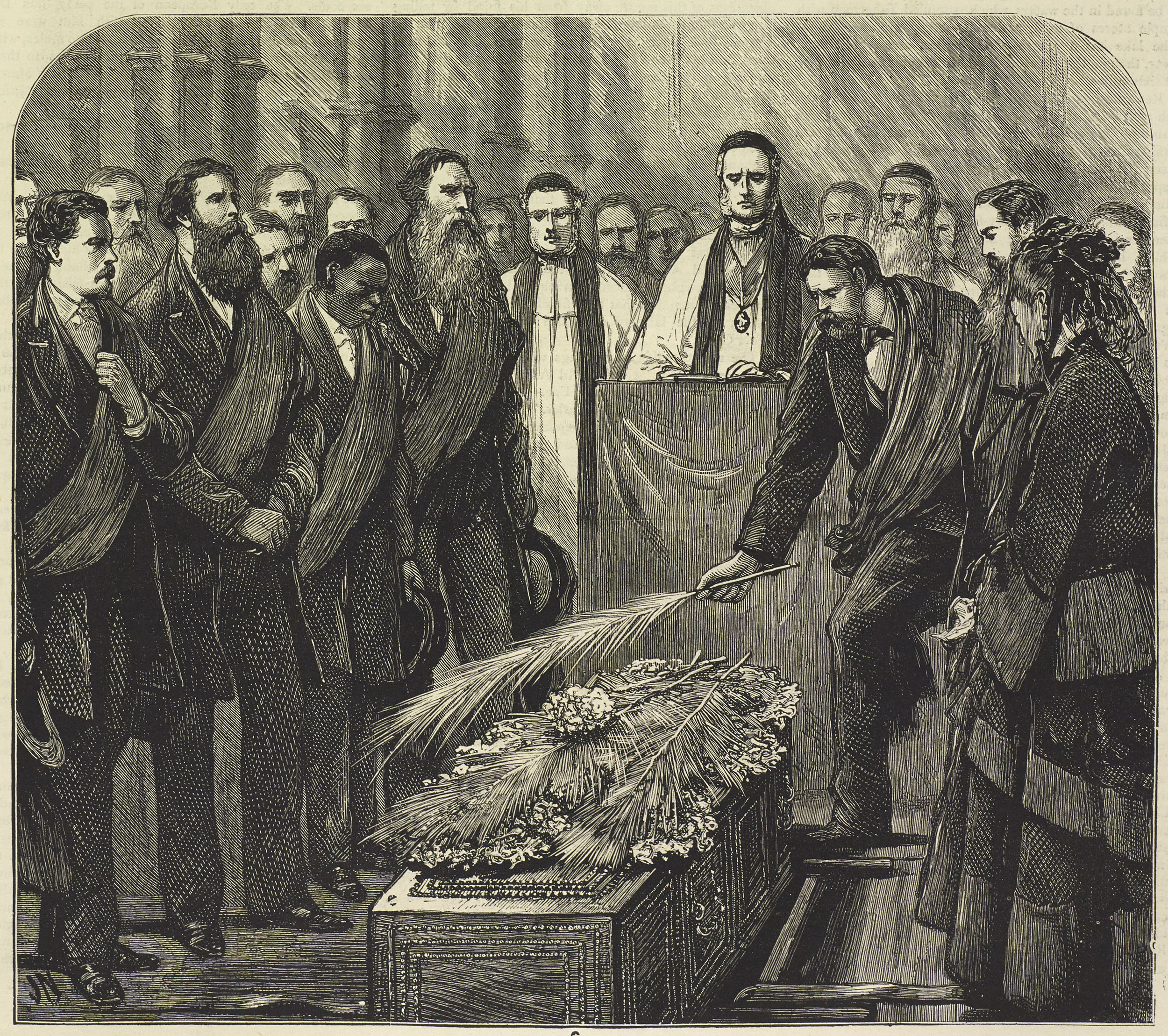 Scene at the Grave, Westminster Abbey. Illustration from Review of David Livingstone's Last Journals (Anon. 1874:405). Copyright National Library of Scotland. Creative Commons Share-alike 2.5 UK: Scotland (https://creativecommons.org/licenses/by-nc-sa/2.5/scotland/).