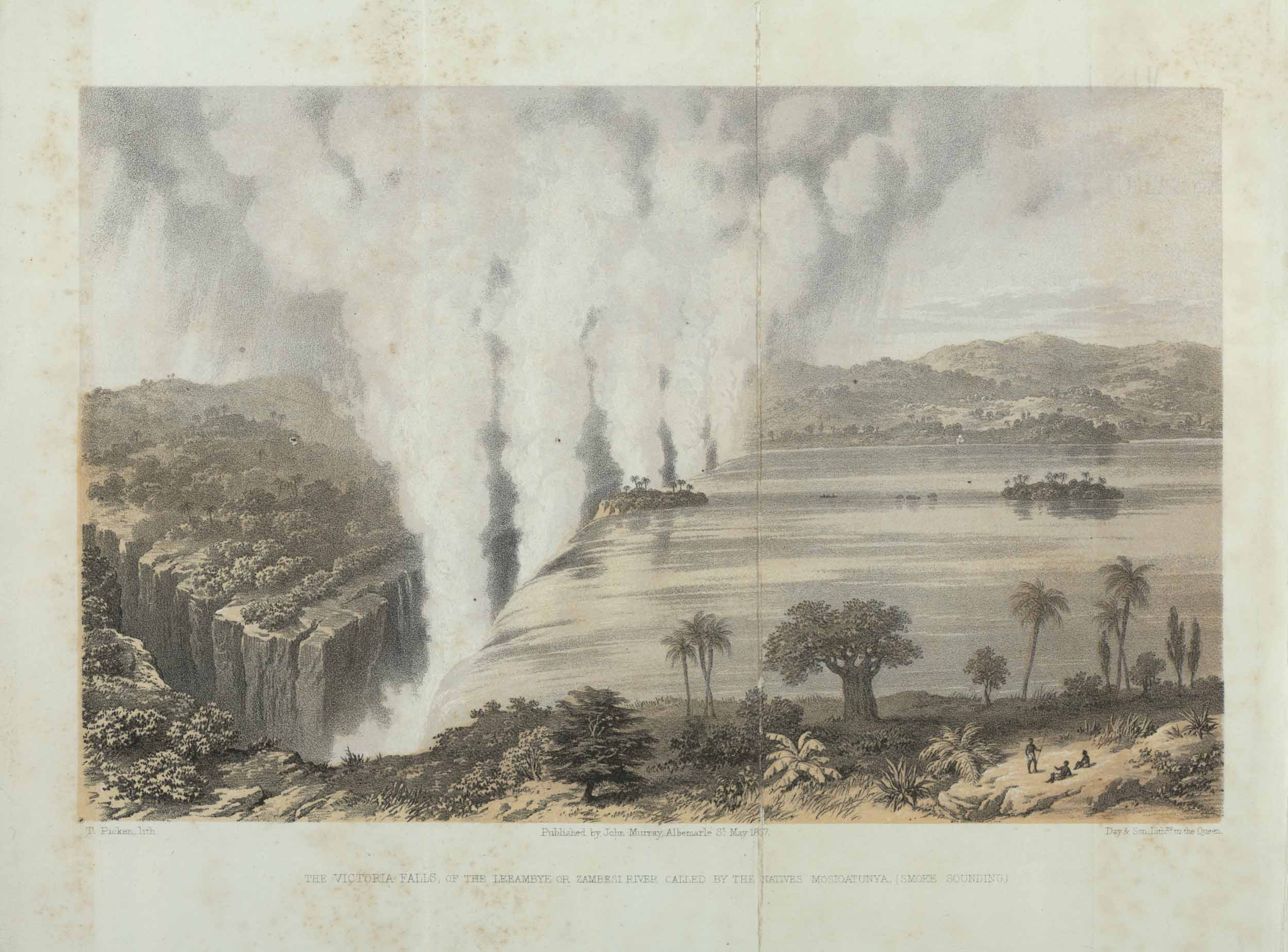 The Victoria Falls, of the Leeambye or Zambesi River Called by the Natives Mosioatunya (Smoke Sounding), Missionary Travels, 1857 Copyright National Library of Scotland. Creative Commons Share-alike 2.5 UK: Scotland(https://creativecommons.org/licenses/by-nc-sa/2.5/scotland/).