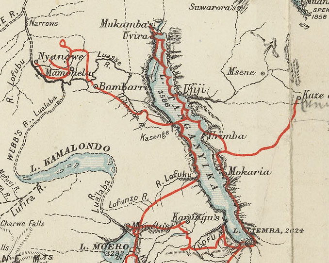 The small foldout map of Central Africa included with the published edition of Livingstone's Last Journals (1874), detail. Copyright National Library of Scotland. Creative Commons Share-alike 2.5 UK: Scotland (https://creativecommons.org/licenses/by-nc-sa/2.5/scotland/).