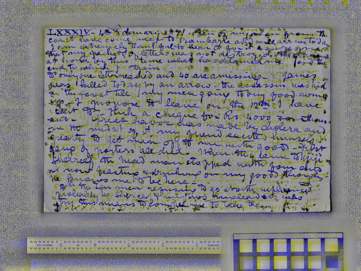 A processed spectral image of a page from the 1870 Field Diary (1871b:LXXXIV pseudo_v4_BY). Copyright National Library of Scotland. Creative Commons Attribution-NonCommercial 3.0 Unported (https://creativecommons.org/licenses/by-nc/3.0/).