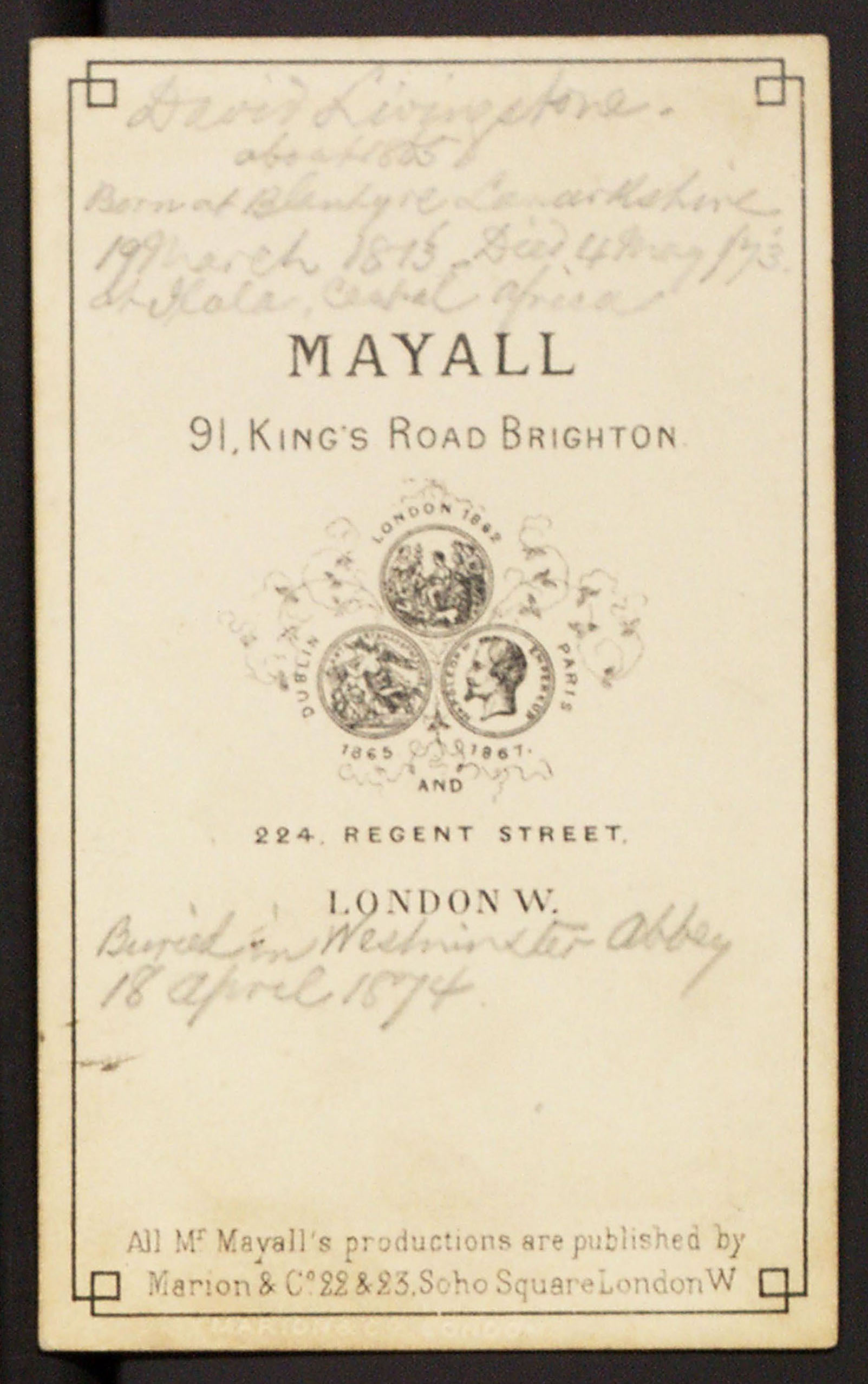 Mayall, Carte de visit with portrait of David Livingstone, date unknown (no later than 1865), verso. Images courtesy of the Smithsonian Libraries, Washington, D.C.