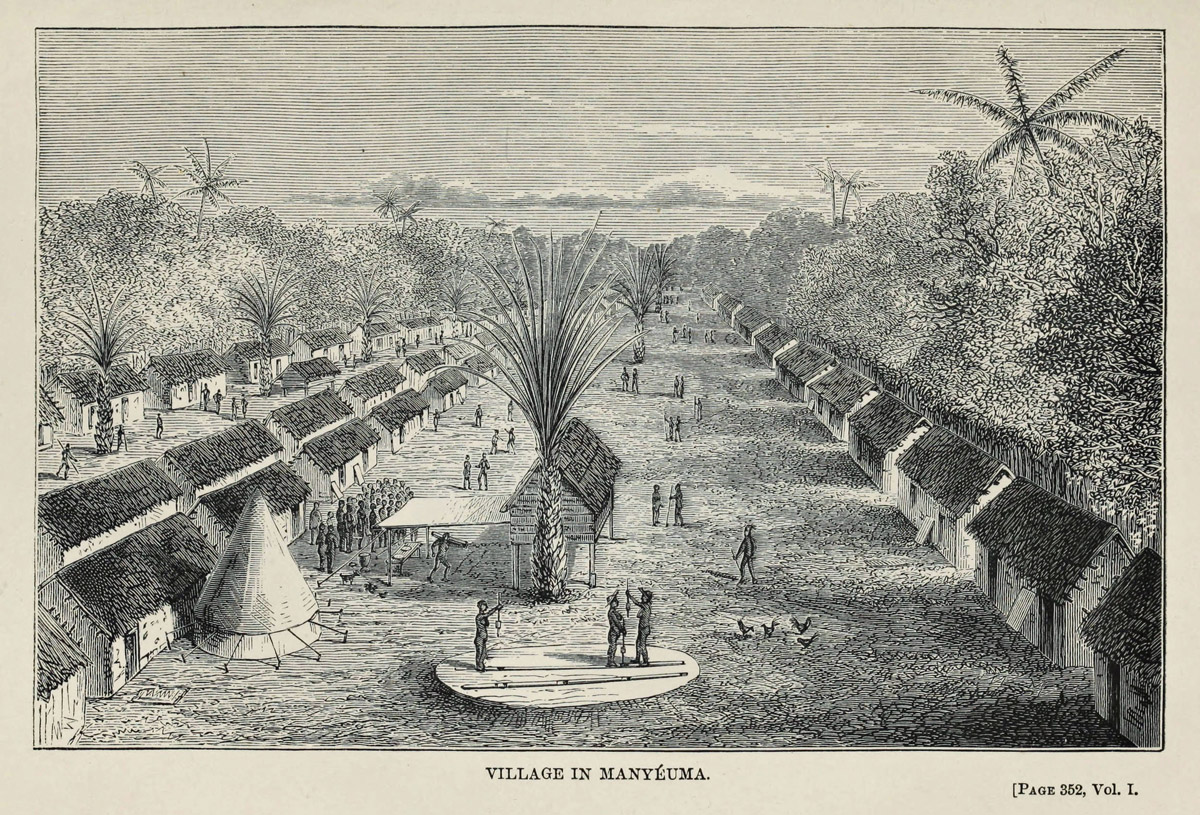 Village in Manyéuma. Illustration from Across Africa (Cameron 1877,1:opposite 352). Courtesy of Internet Archive.