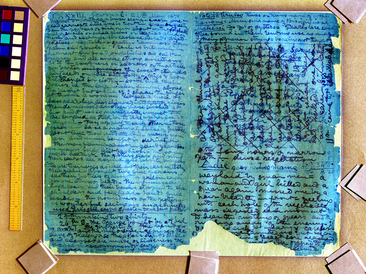 A processed spectral image of two pages of the 1871 Field Diary (Livingstone 1871f:CXXXIII [v.2]-CLXIII spectral_ratio). Copyright David Livingstone Centre, Blantyre. As relevant, copyright Dr. Neil Imray Livingstone Wilson. Creative Commons Attribution-NonCommercial 3.0 Unported (https://creativecommons.org/licenses/by-nc/3.0/).