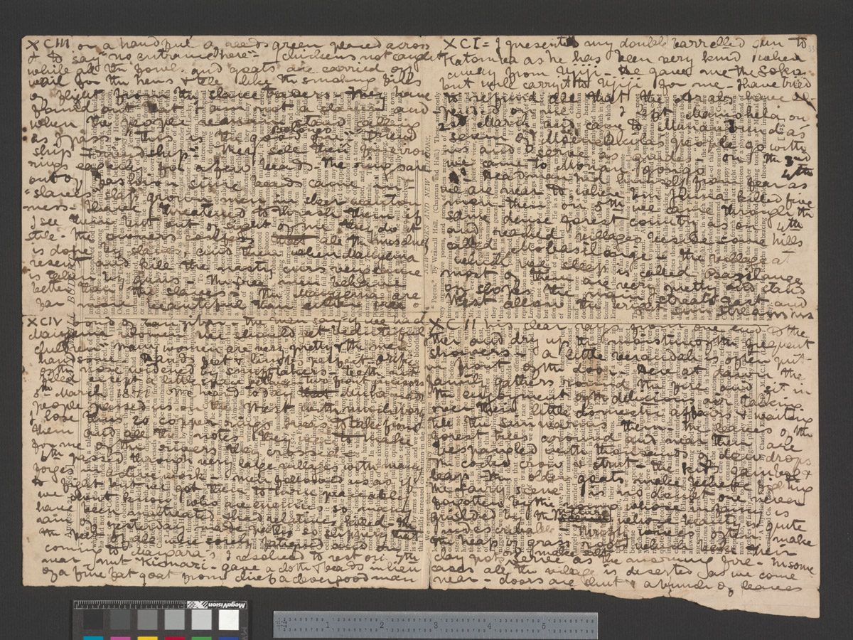 A page of the 1870 Field Diary written over a newspaper page (Livingstone 1870e:XCI, XCII, XCIII, XCIV). Copyright National Library of Scotland. Creative Commons Attribution-NonCommercial 3.0 Unported (https://creativecommons.org/licenses/by-nc/3.0/).