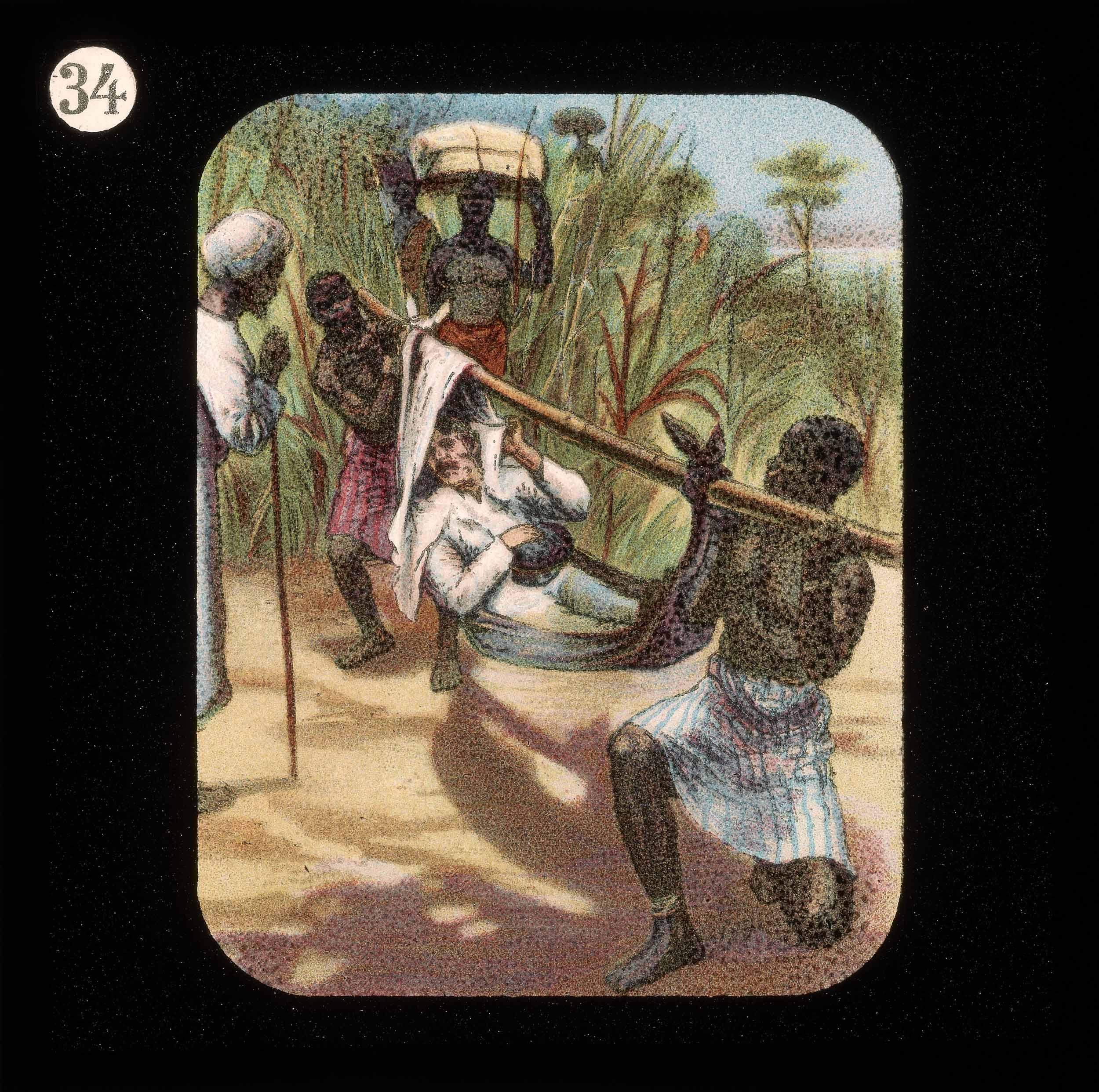 Unknown Creator, Lantern Slide of the Life, Adventures, and Work of David Livingstone, Date Unknown (c.1900). Courtesy of the Smithsonian Libraries, Washington, D.C. During his last journey (1866-73), Livingstone continuously relied on his African and Arab companions to support all aspects of his travels, as this slide illustrates.