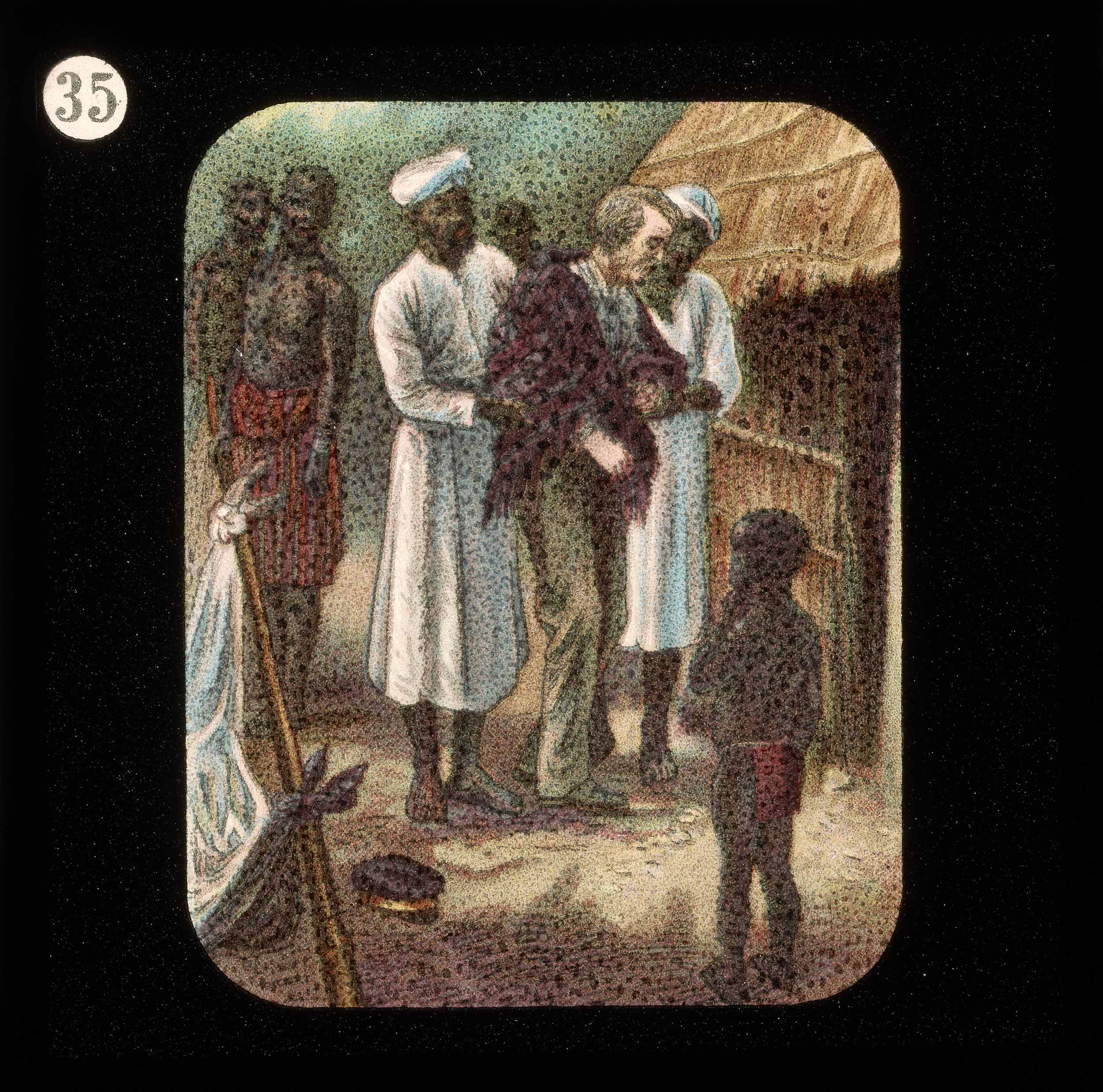 Unknown Creator, Lantern Slide of the Life, Adventures, and Work of David Livingstone, Date Unknown (c.1900). Courtesy of the Smithsonian Libraries, Washington, D.C. During his last journey (1866-73), Livingstone continuously relied on his African and Arab companions to support all aspects of his travels. These slides romanticize that relationship, while other depictions ignore it altogether.