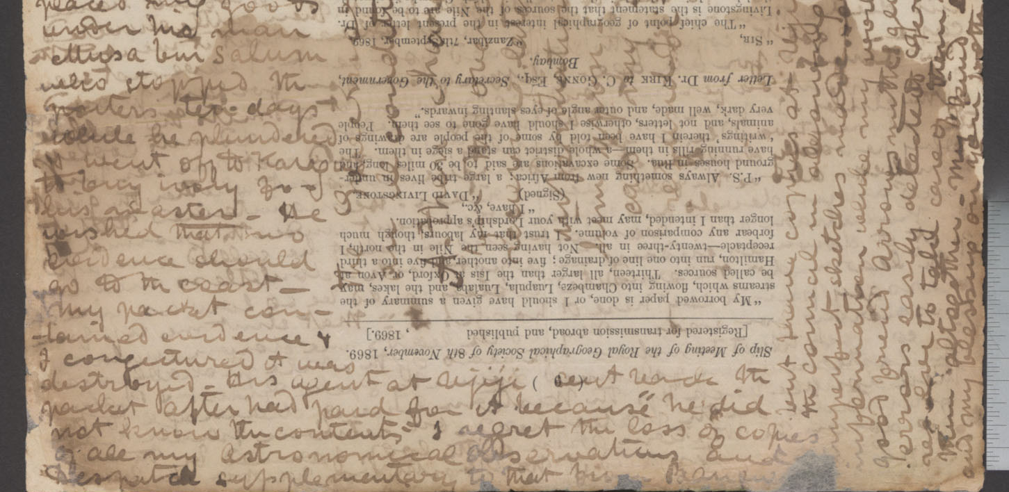 A color image of a page of the Letter from Bambarre (Livingstone 1871c:[2]), detail. Copyright Peter and Nejma Beard. Creative Commons Attribution-NonCommercial 3.0 Unported (https://creativecommons.org/licenses/by-nc/3.0/).