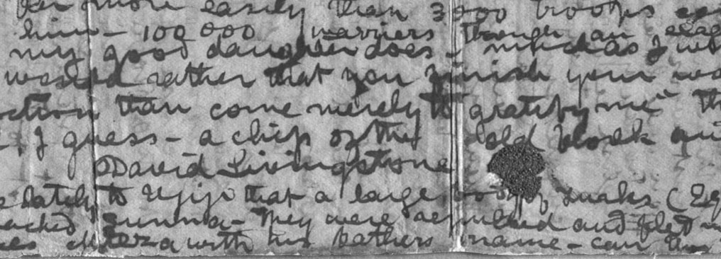 A processed spectral image of a page of the Letter from Bambarre (Livingstone 1871c:[1] RARR), detail. Copyright Peter and Nejma Beard. Creative Commons Attribution-NonCommercial 3.0 Unported (https://creativecommons.org/licenses/by-nc/3.0/).