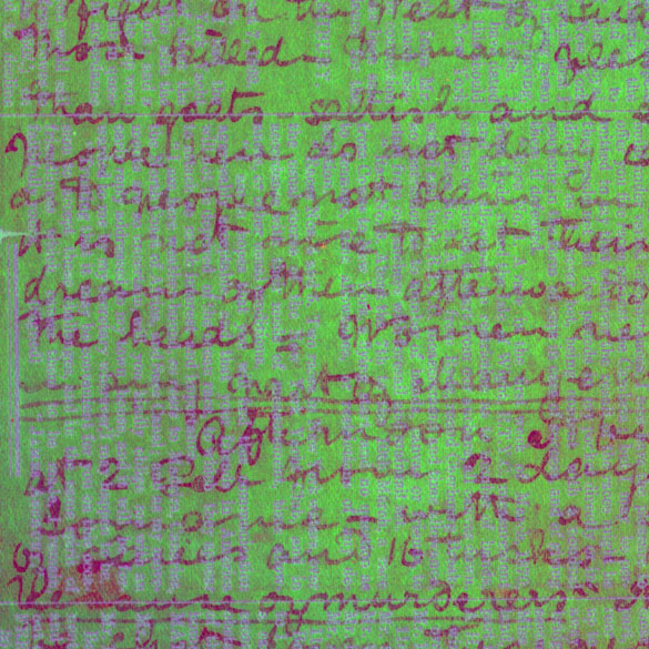 A processed spectral image of a page of the 1871 Field Diary (Livingstone 1871f:CXXVI pca621r_pcolor), detail. Copyright David Livingstone Centre, Blantyre. As relevant, copyright Dr. Neil Imray Livingstone Wilson. Creative Commons Attribution-NonCommercial 3.0 Unported (https://creativecommons.org/licenses/by-nc/3.0/).