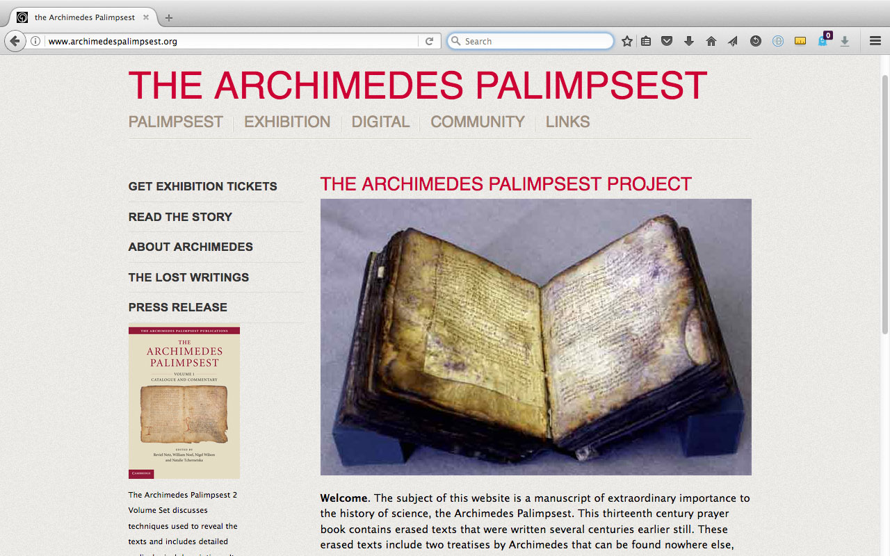 Home page of the Archimedes Palimpsest Project, 2017. Copyright Archimedes Palimpsest Project. Creative Commons Attribution-NonCommercial 3.0 Unported (https://creativecommons.org/licenses/by-nc/3.0/).