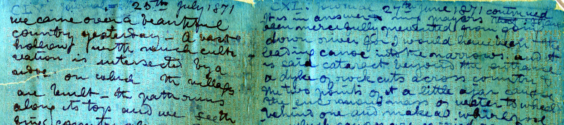 A processed spectral image of two pages of the 1871 Field Diary (Livingstone 1871f:CLV-CXL spectral_ratio), detail. Copyright David Livingstone Centre, Blantyre. As relevant, copyright Dr. Neil Imray Livingstone Wilson. Creative Commons Attribution-NonCommercial 3.0 Unported (https://creativecommons.org/licenses/by-nc/3.0/).
