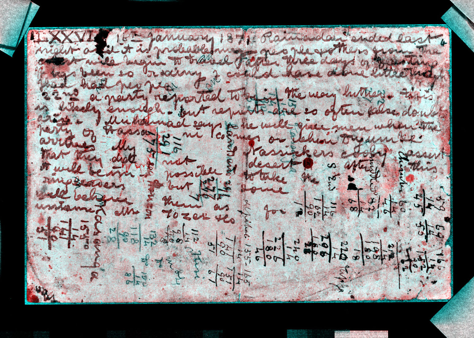 A spectral image of a page of the 1870 Field Diary (Livingstone 1871a:LXXVI [v.1] pseudo_v1), detail. Copyright David Livingstone Centre. Creative Commons Attribution-NonCommercial 3.0 Unported (https://creativecommons.org/licenses/by-nc/3.0/).