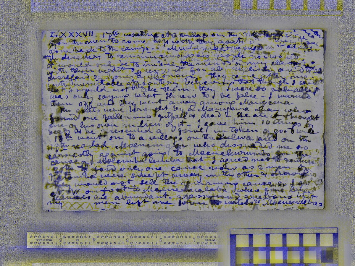 A spectral image of a page of the 1870 Field Diary (Livingstone 1871b:LXXXVII  pseudo_v4_BY). Copyright David Livingstone Centre. Creative Commons Attribution-NonCommercial 3.0 Unported (https://creativecommons.org/licenses/by-nc/3.0/).