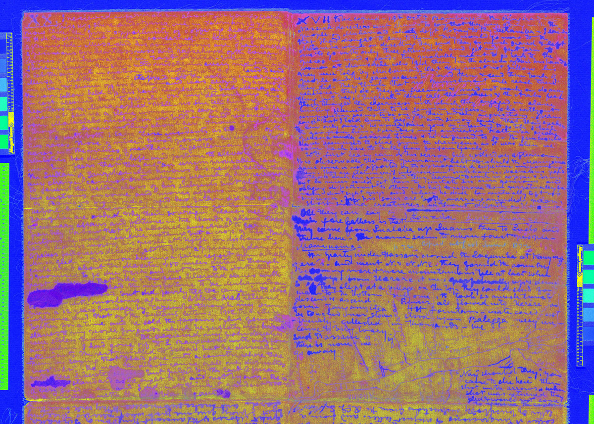 A processed spectral image of two pages from the 1870 Field Diary (Livingstone 1870h:XX, XVII ICA_pseudo_32)l. Copyright David Livingstone Centre. Creative Commons Attribution-NonCommercial 3.0 Unported (https://creativecommons.org/licenses/by-nc/3.0/).