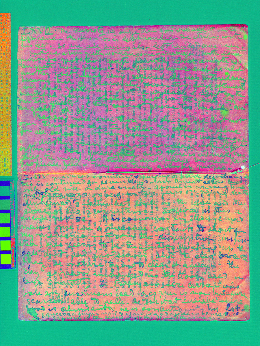 A processed spectral image of two bound pages from the 1870 Field Diary (Livingstone 1870j: LXVII, LXIV PCA_pseudo_34). Copyright David Livingstone Centre. Creative Commons Attribution-NonCommercial 3.0 Unported (https://creativecommons.org/licenses/by-nc/3.0/).