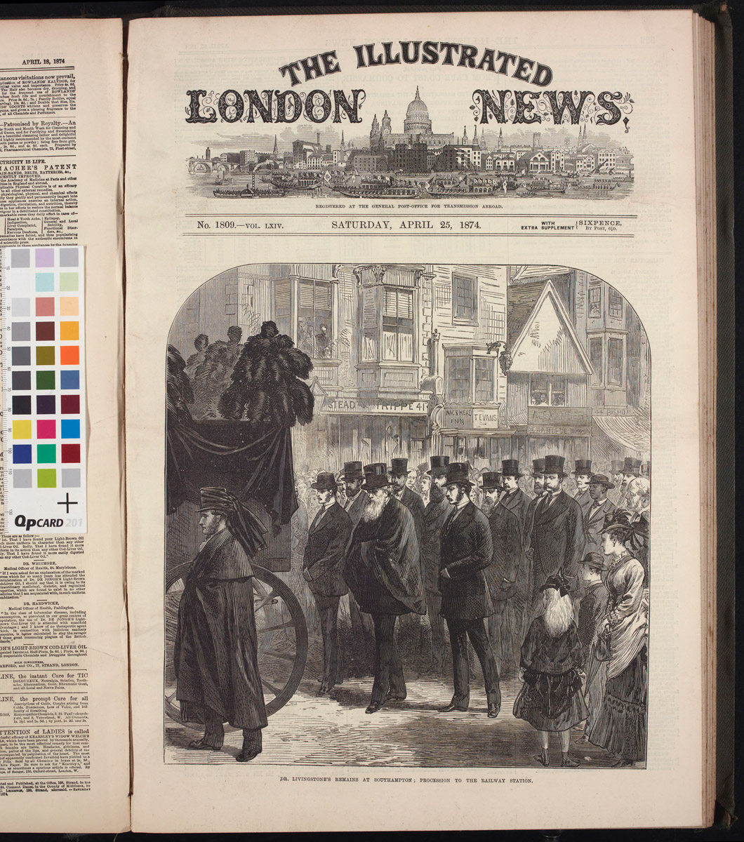 Dr. Livingstone's Remains at Southampton; Procession to the Railway Station. Illustration from Illustrated London News (25 Apr. 1874). Copyright National Library of Scotland. Creative Commons Share-alike 2.5 UK: Scotland (https://creativecommons.org/licenses/by-nc-sa/2.5/scotland/).
