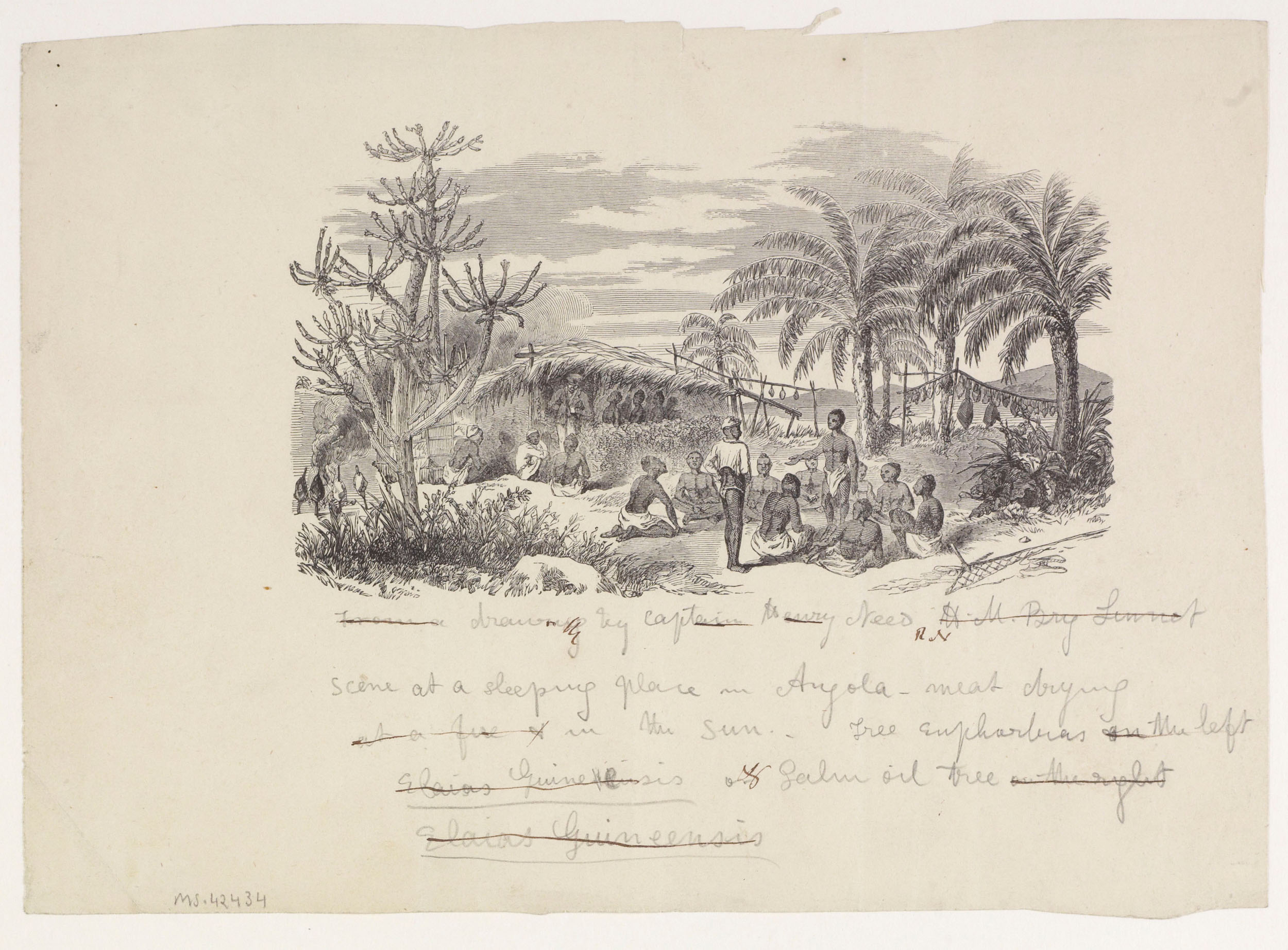 Marked Proof Engraving of Scene at a Sleeping-Place in Angola: Illustration for Missionary Travels and Researches in South Africa, 1856-57. Copyright National Library of Scotland and Dr. Neil Imray Livingstone Wilson (as relevant). Creative Commons Share-alike 2.5 UK: Scotland (https://creativecommons.org/licenses/by-nc-sa/2.5/scotland/).