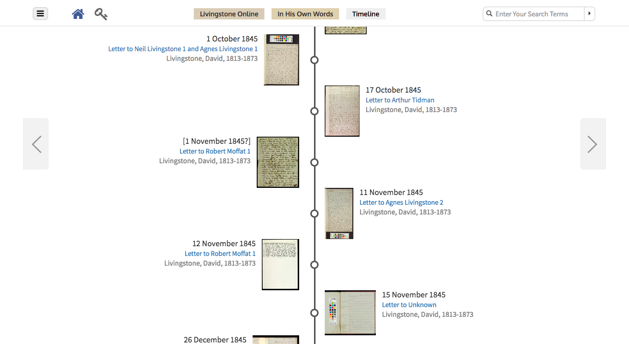 Screenshot of Livingstone Online's 'Browse by Timeline' page. Copyright Livingstone Online. Creative Commons Attribution-NonCommercial 3.0 Unported (https://creativecommons.org/licenses/by-nc/3.0/).