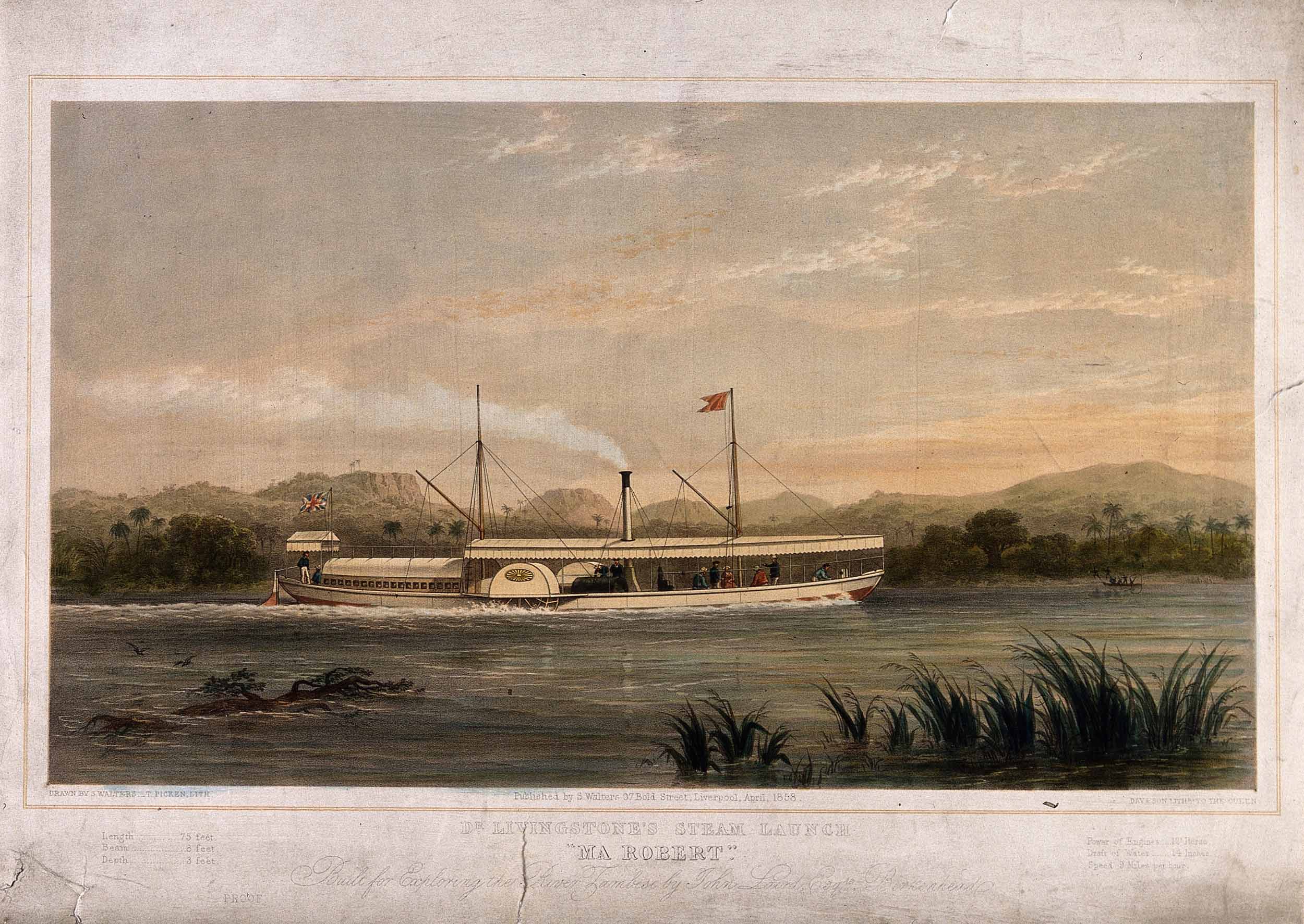 Dr. Livingstone's Steam Launch 'Ma Robert', 1858. Copyright Wellcome Library, London. Creative Commons Attribution 4.0 (https://creativecommons.org/licenses/by/4.0/). 